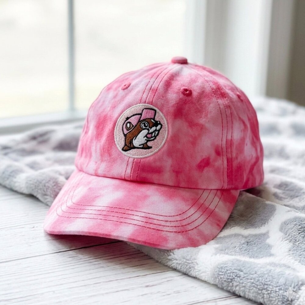 Buc-ees Infant Pink Tie-Dye Hat UPF 50 With Embroidered Logo And Elastic Back Cl